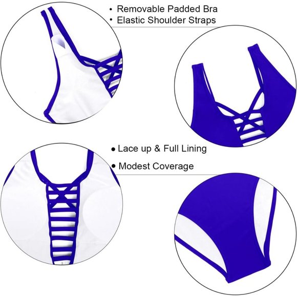 Women's Blue  One Piece Swimsuits Plunge Deep V Neck Cutout Bathing Suits - Picture 6 of 7